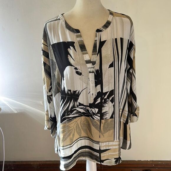 Milano black tan tropical print sheer blouse 3/4 length sleeves Size L - Picture 1 of 7